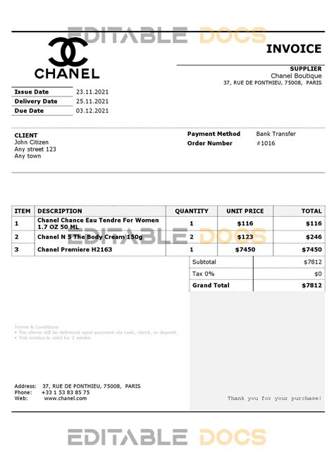 chanel invoice sample.